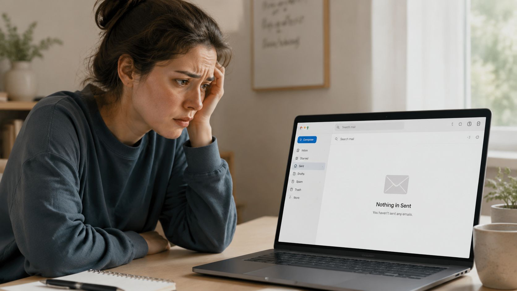 A young woman looking stressed while sitting at her laptop viewing an empty sent email folder.
