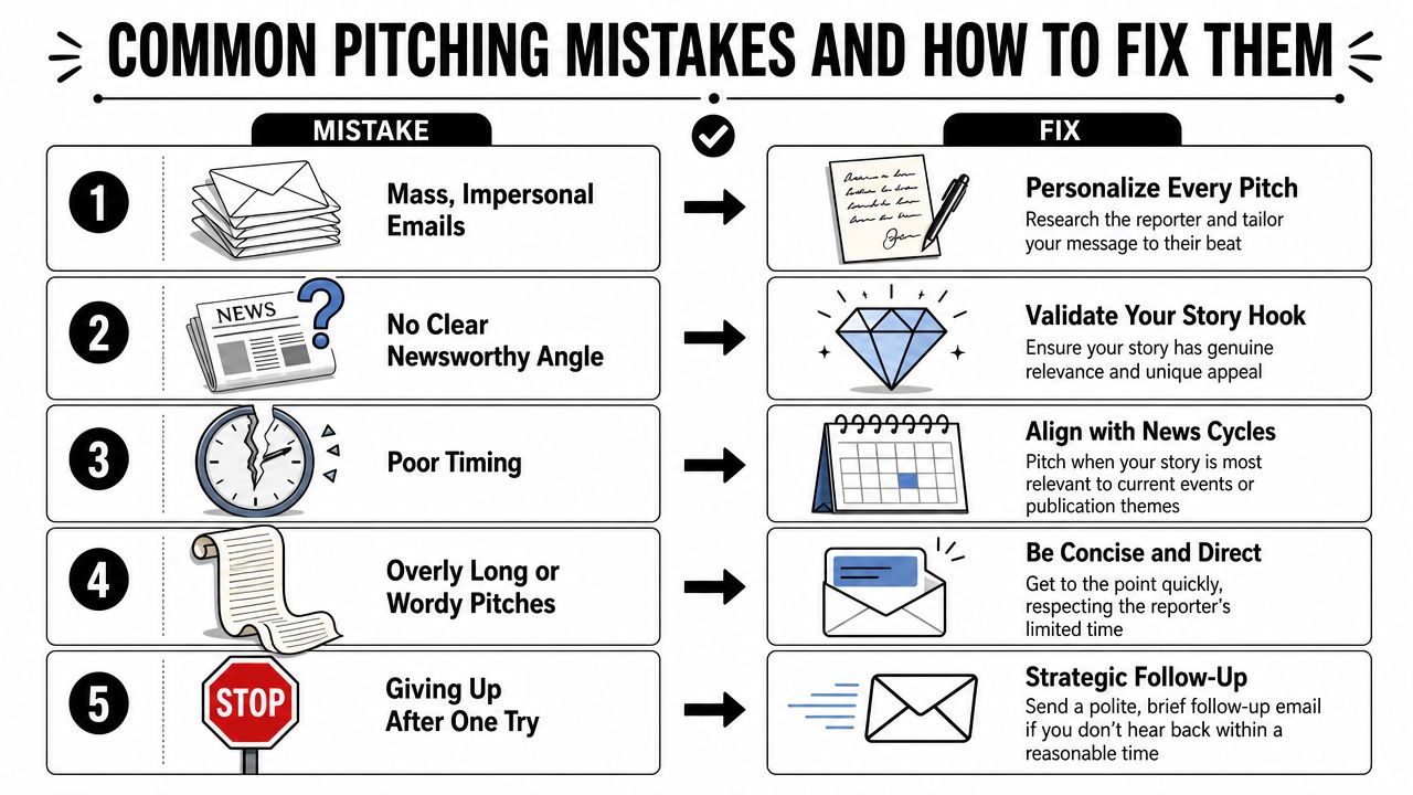 A five-point infographic titled Common Pitching Mistakes and How to Fix Them for public relations strategies.