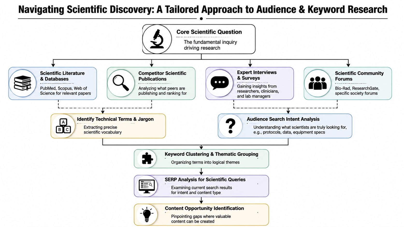 A flowchart showing a strategic process for life sciences SEO research, audience targeting, and content discovery.