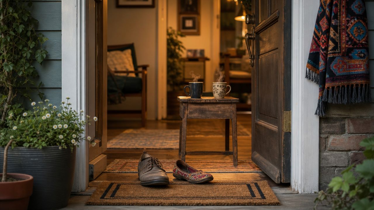 A pair of shoes sitting on a doormat in front of an open door with coffee mugs.