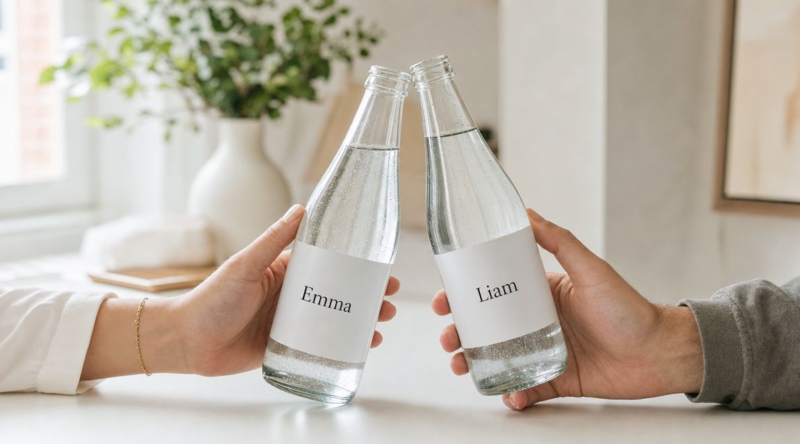 Two people holding glass water bottles labeled Emma and Liam, toasting together in a bright, modern room.