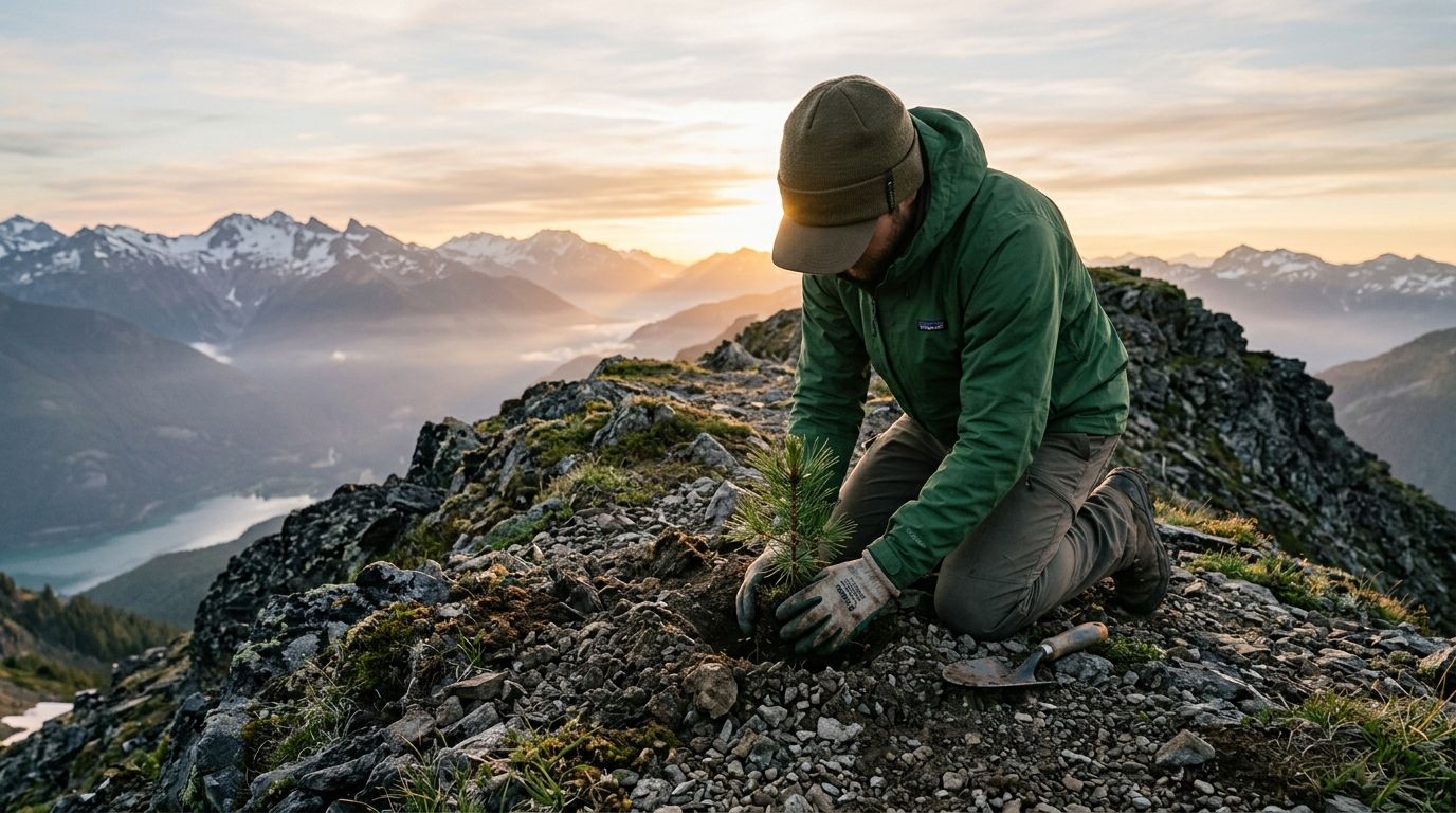 A person planting a small evergreen sapling on a rocky mountain ridge at sunset.