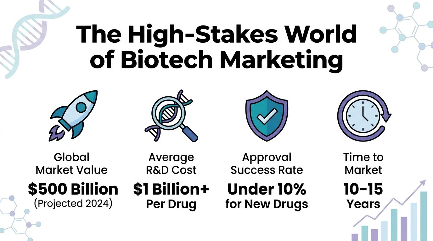 An infographic titled The High-Stakes World of Biotech Marketing highlighting industry statistics like costs and timelines.