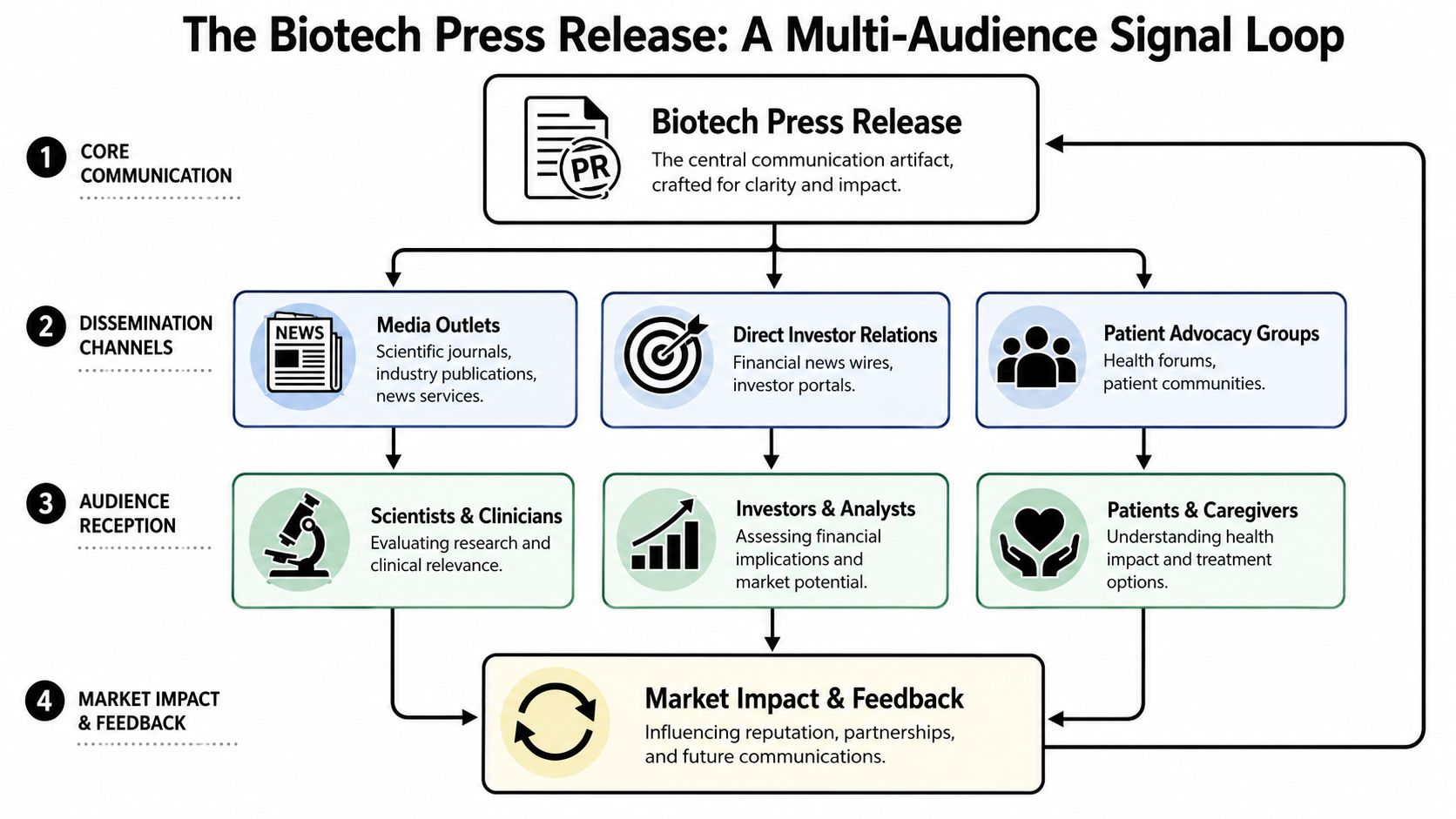 A flowchart diagram illustrating the multi-audience signal loop process of a biotechnology press release communication strategy.