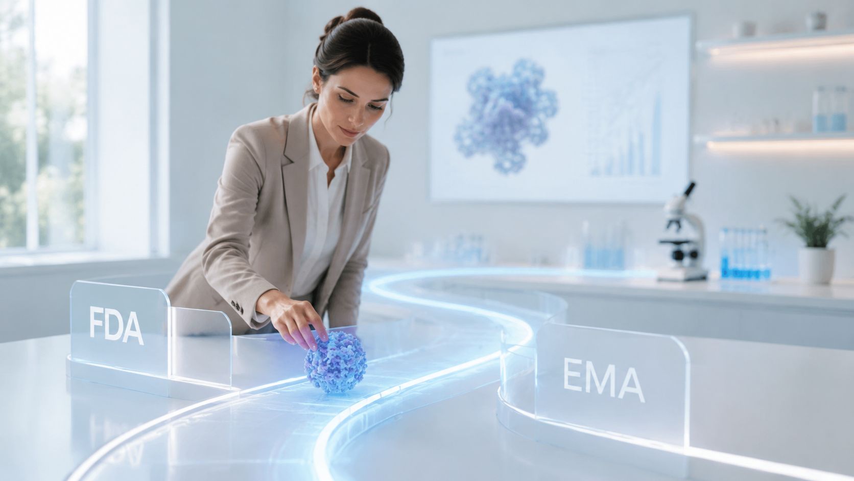A professional researcher analyzing a digital 3D model of a virus structure in a modern laboratory setting.