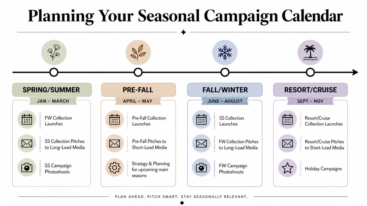 An infographic showing a seasonal campaign planning calendar for fashion brands throughout the year.