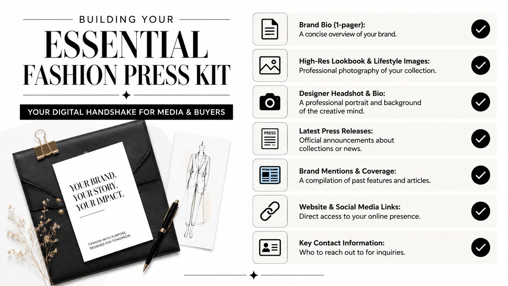 A checklist infographic titled Building Your Essential Fashion Press Kit listing key components for fashion brands.