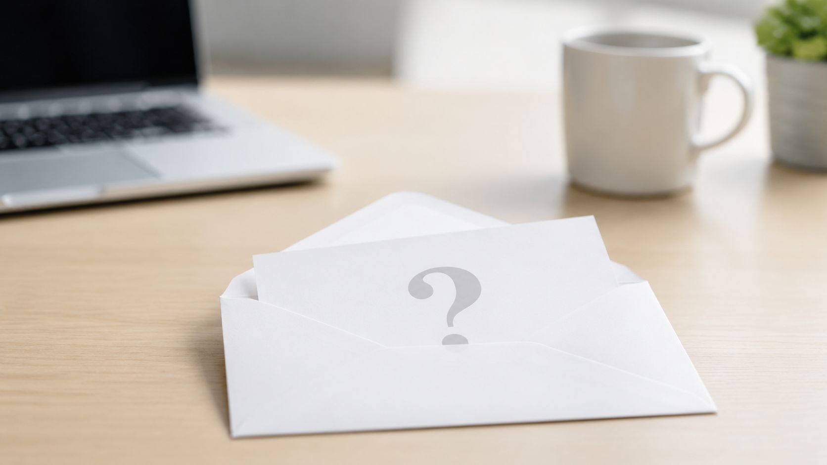 A question mark printed on a letter inside an envelope, positioned on a wooden office desk.
