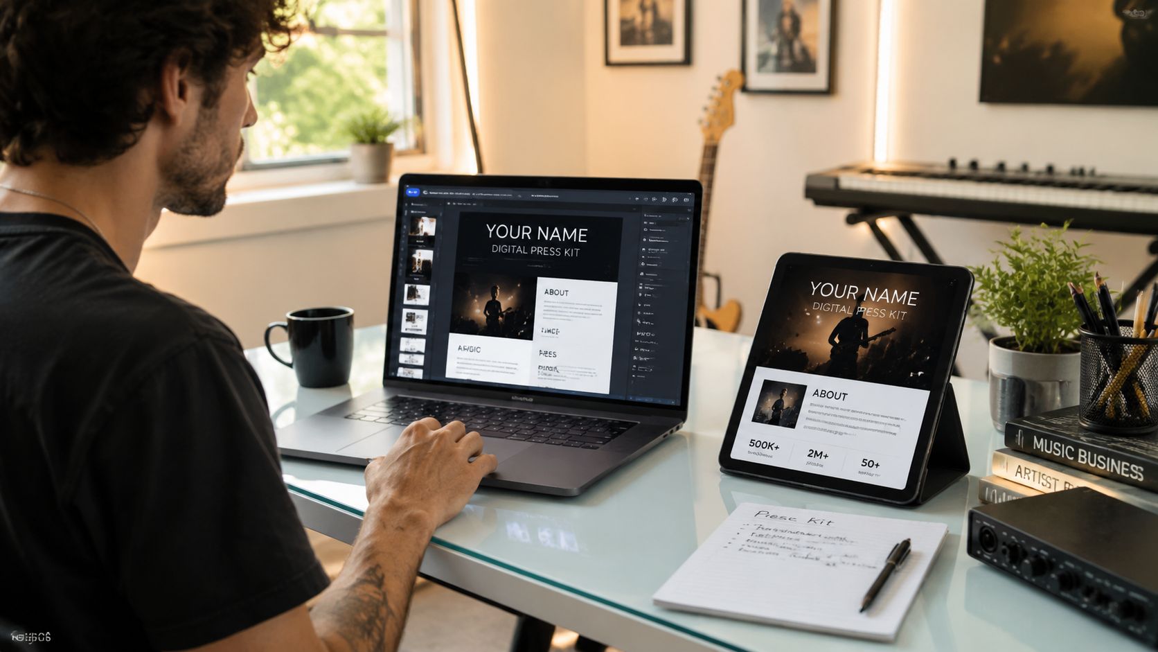 A musician working on a digital press kit template for musicians on his laptop and tablet.