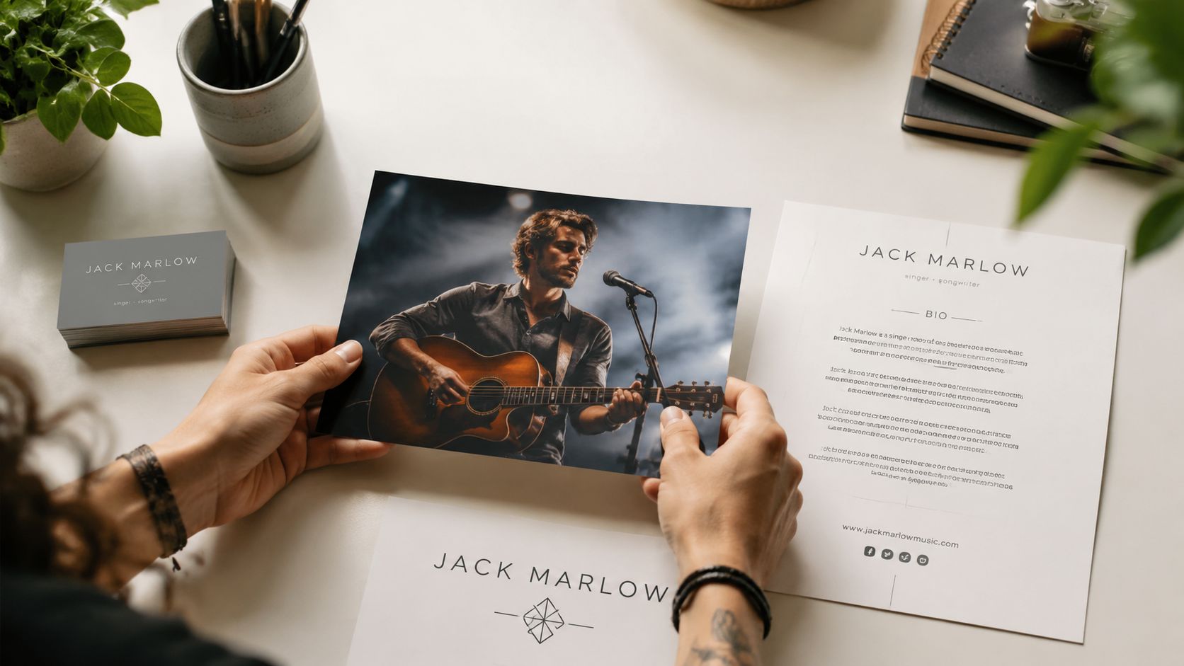 A person holds a musician's press kit featuring a photo of a guitar player, business cards, and bio.