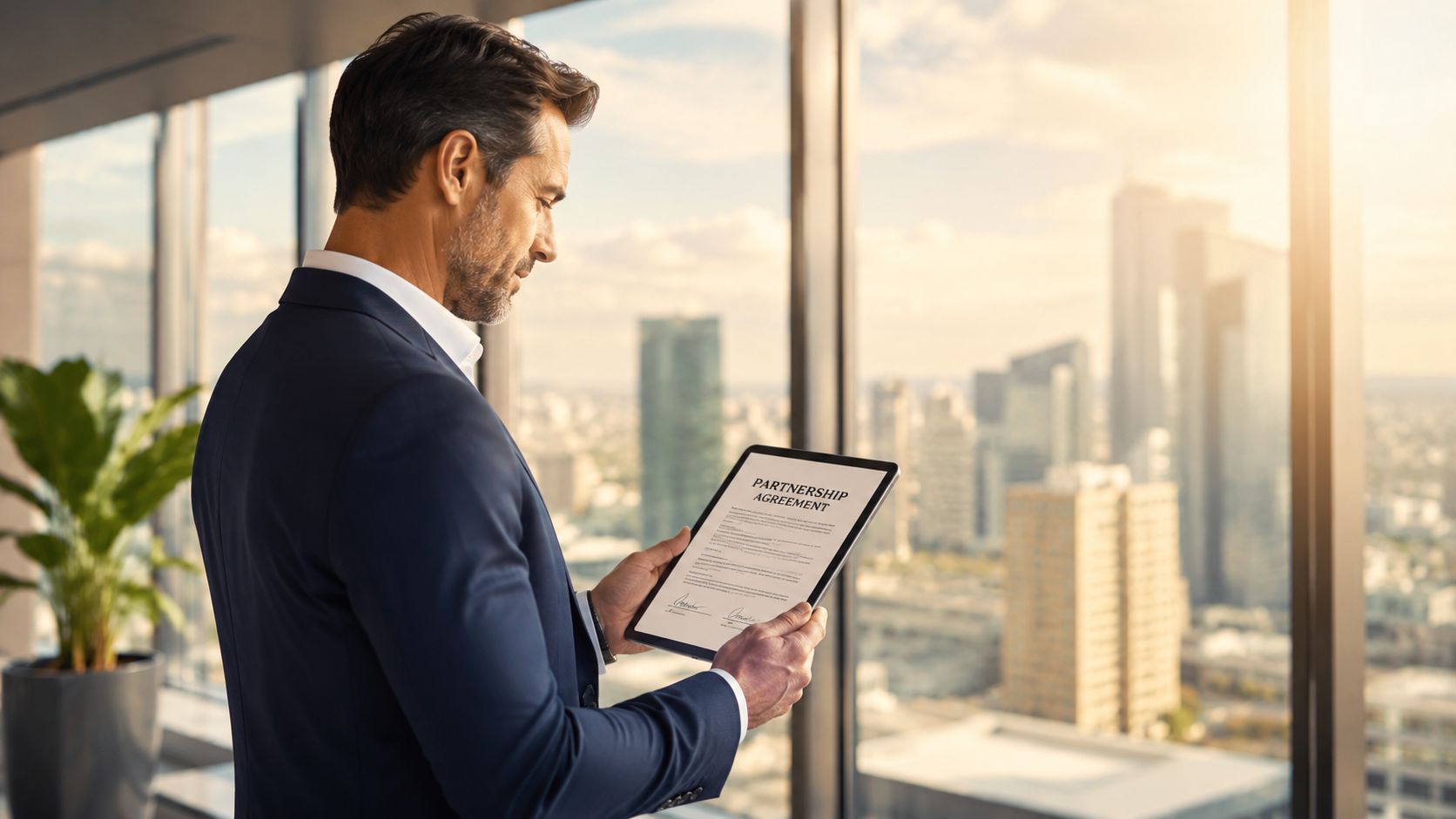 A professional man in a business suit holding a digital tablet with a partnership agreement displayed.