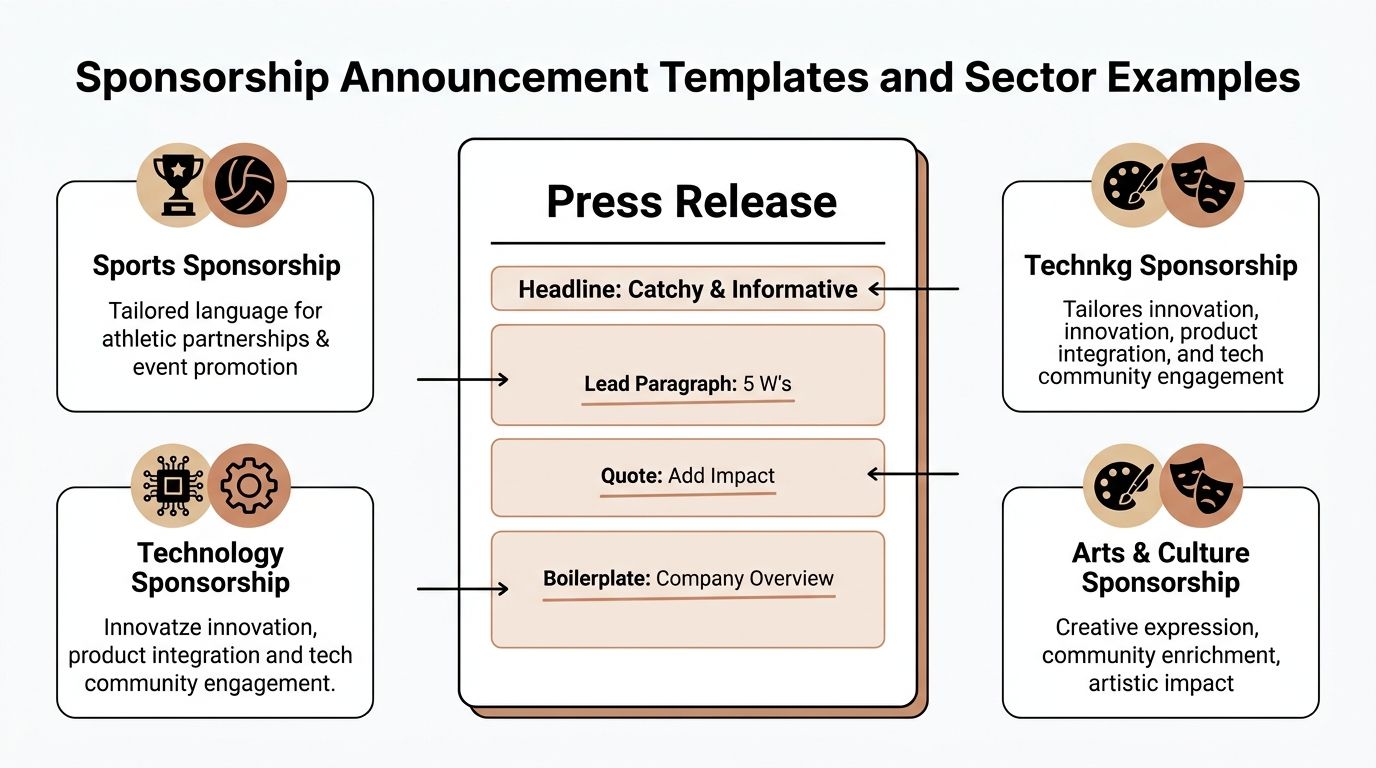 A diagram illustrating how to write a press release for various sponsorship sectors including sports, technology, and arts.