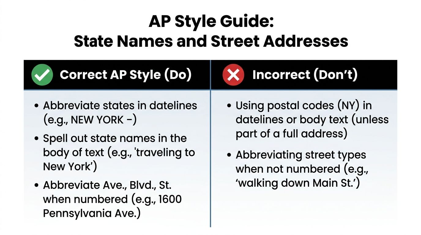 A chart explaining AP Style guide rules for properly formatting US state names and street addresses.