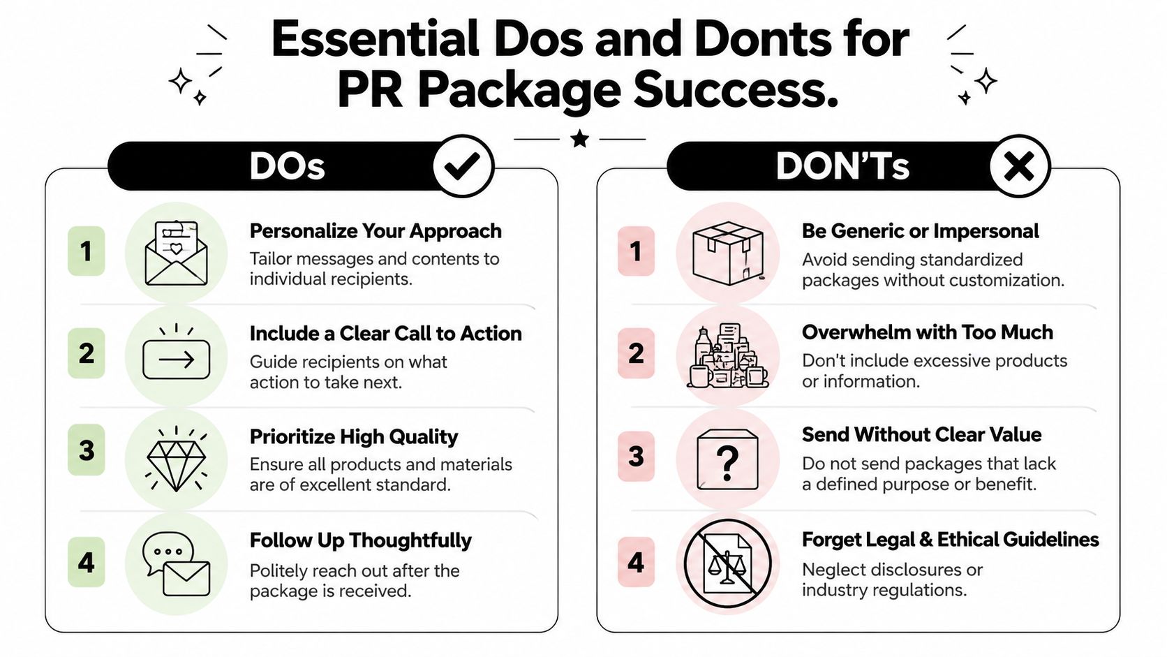 An infographic titled Essential Dos and Donts for PR Package Success explaining key strategies for effective public relations.