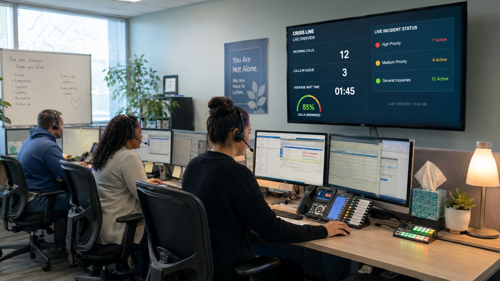A professional crisis center office with staff members wearing headsets while managing calls at their desks.