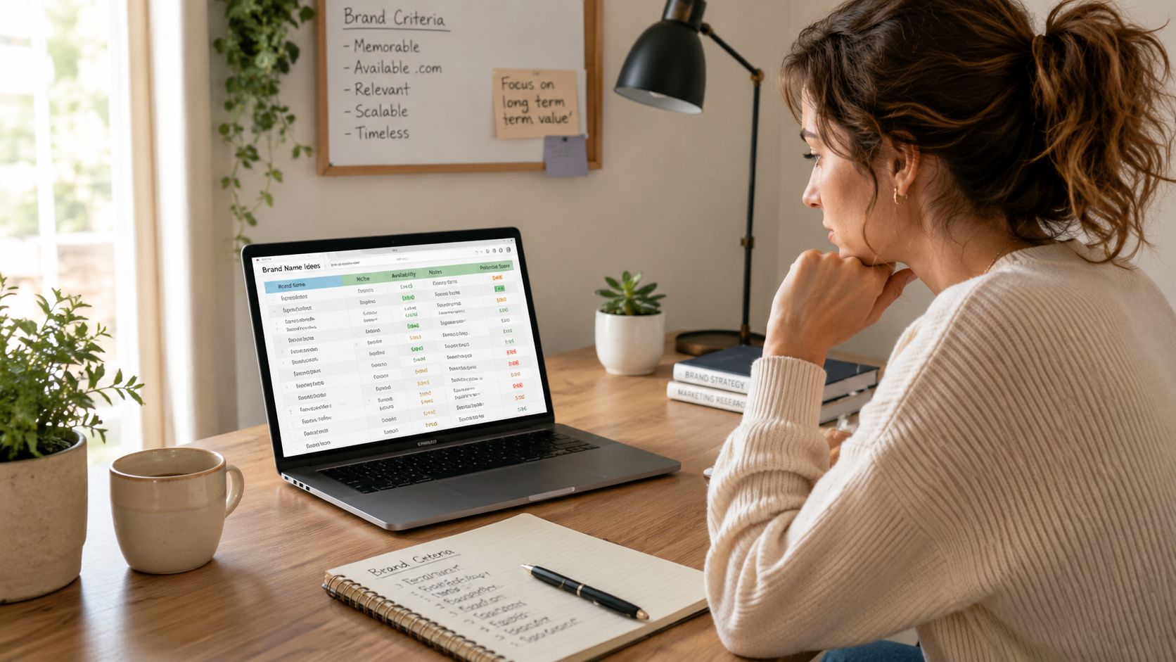 A woman working on her laptop at a desk while researching brand name ideas for her business.