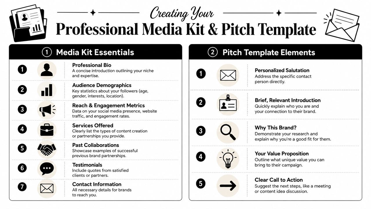 An infographic outlining the essential elements of a professional media kit and a successful brand pitch template.