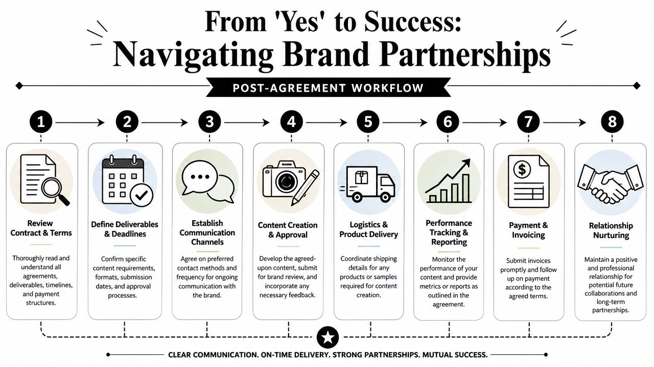 An infographic titled From Yes to Success outlining an eight-step workflow for managing professional brand partnerships.