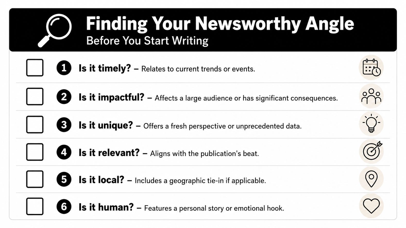 A checklist infographic titled Finding Your Newsworthy Angle, listing six criteria for evaluating potential news stories.