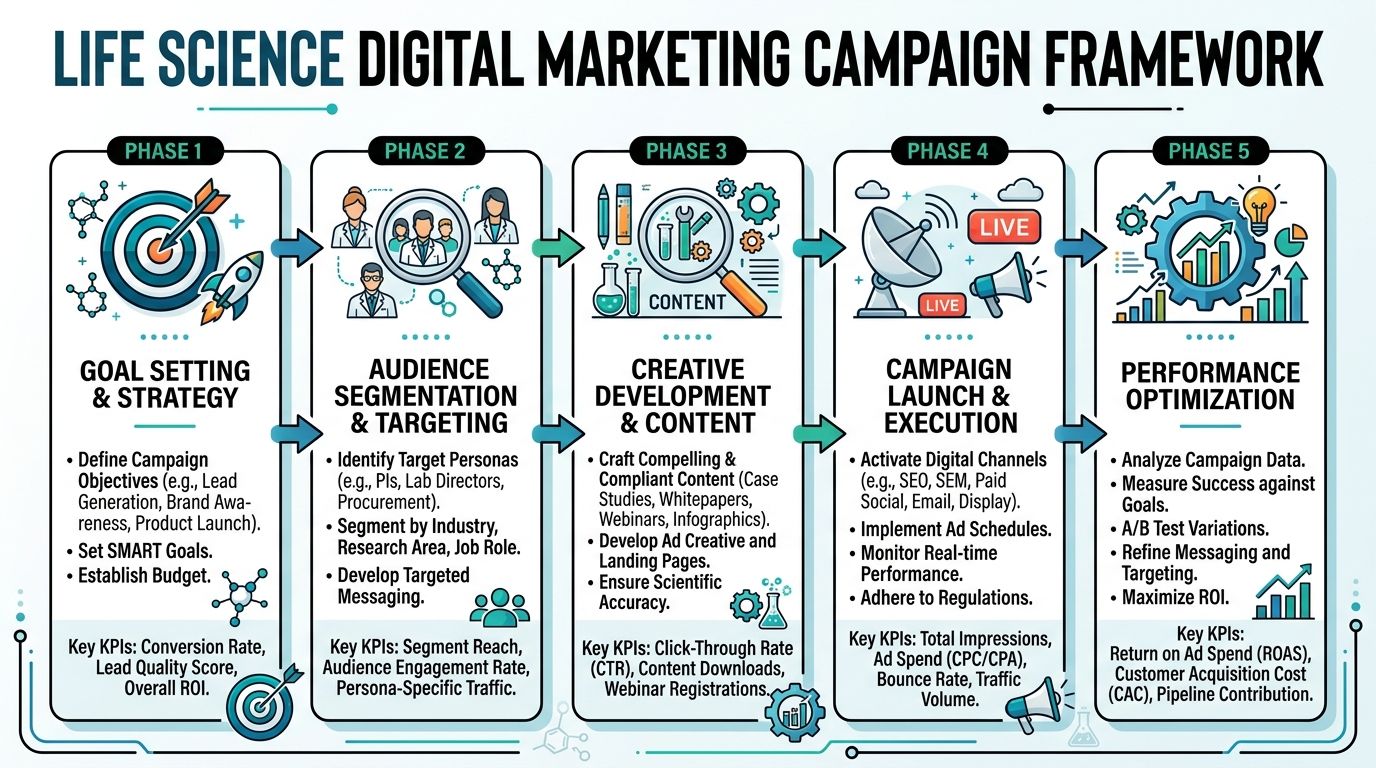 A five-phase infographic outline for a strategic digital marketing framework specifically designed for life science companies.