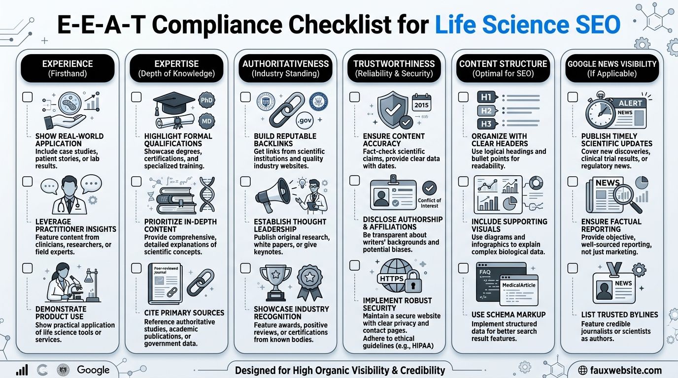 An E-E-A-T compliance checklist infographic for life science SEO detailing strategies for expertise, authority, and trust.
