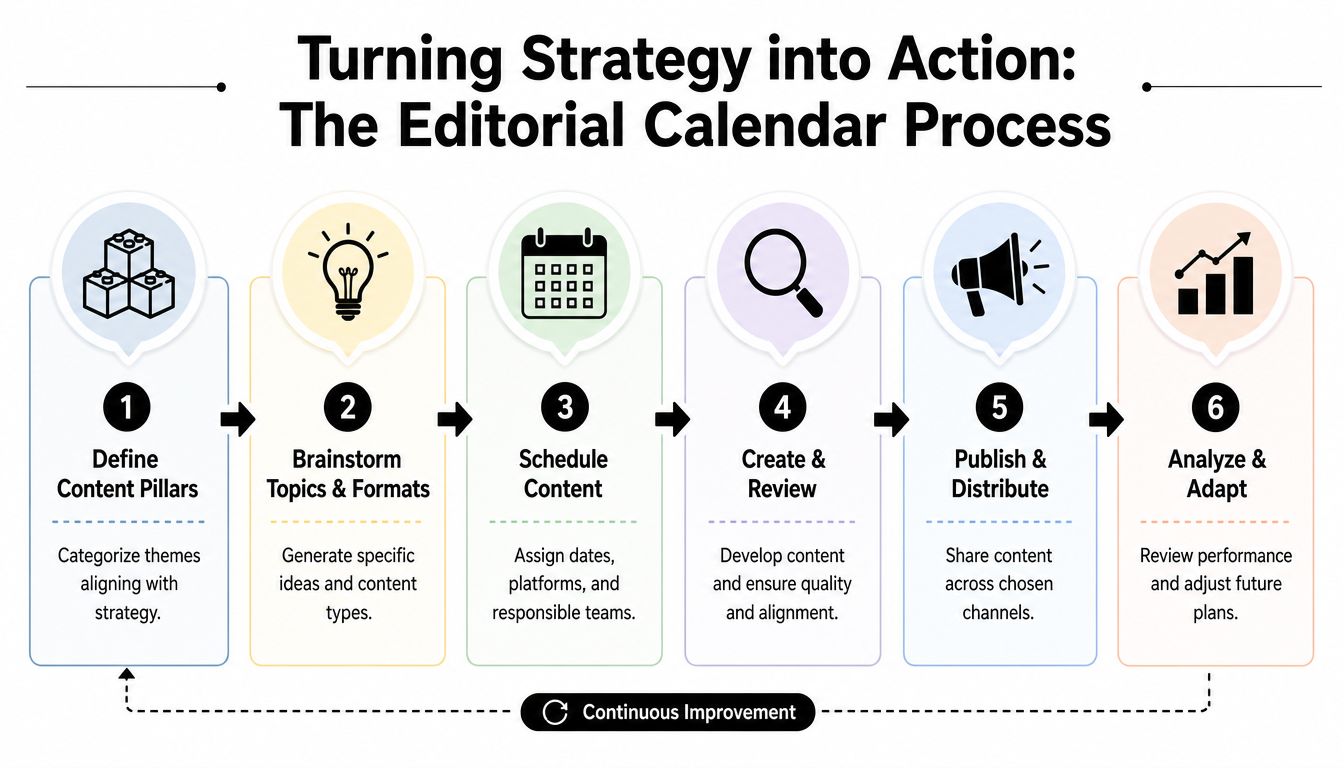 A six-step infographic showing the editorial calendar process for turning content strategy into actionable marketing.