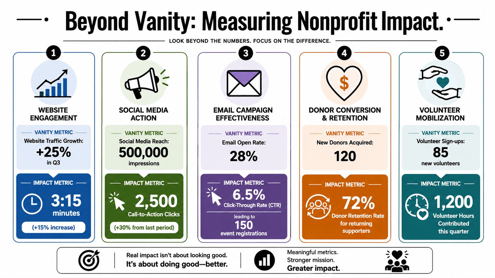 An infographic showing nonprofit impact metrics, comparing vanity metrics against meaningful impact measurements for organizational growth.
