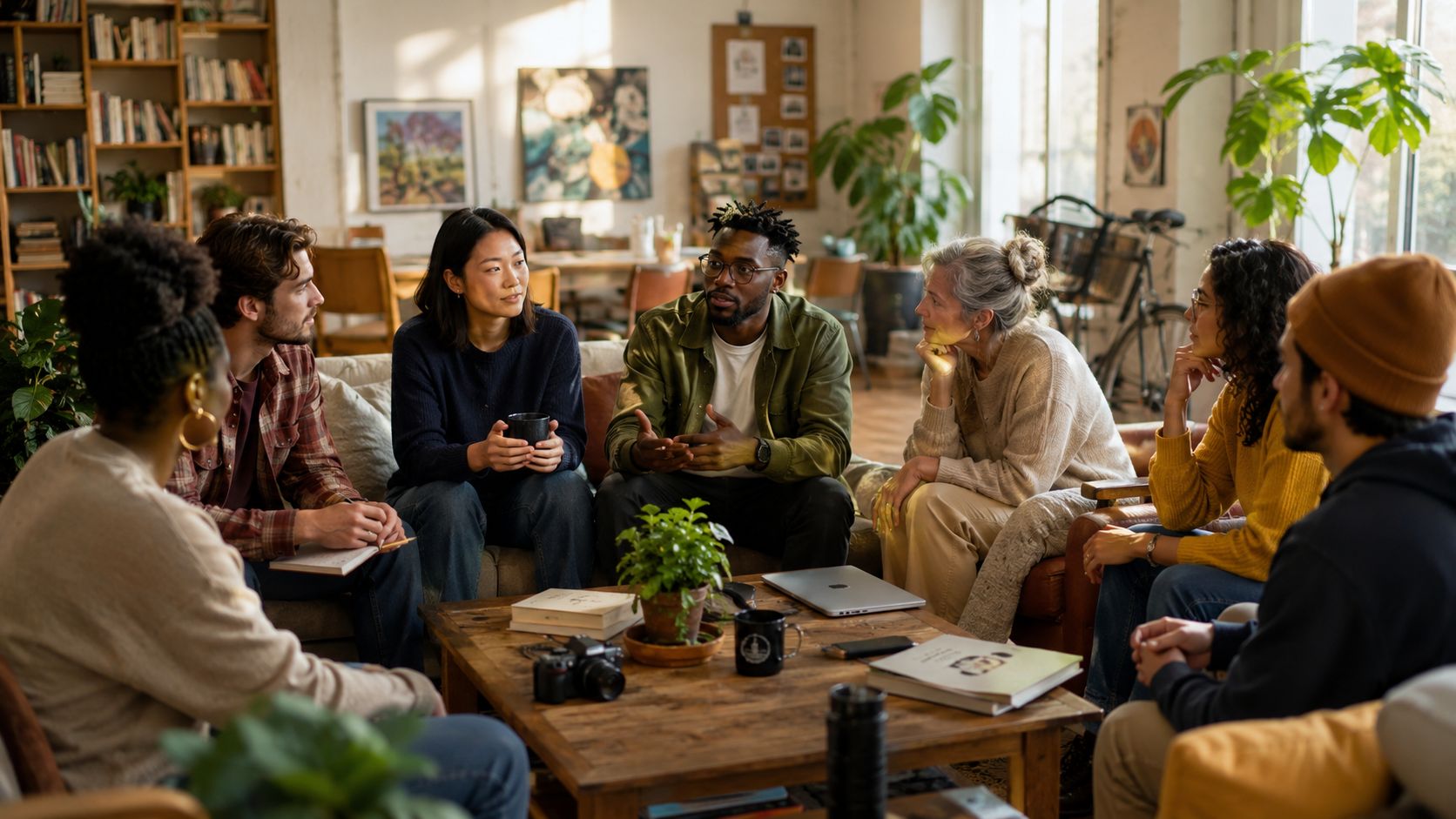 A diverse group of professionals collaborating and brainstorming during a creative meeting in a cozy studio office.