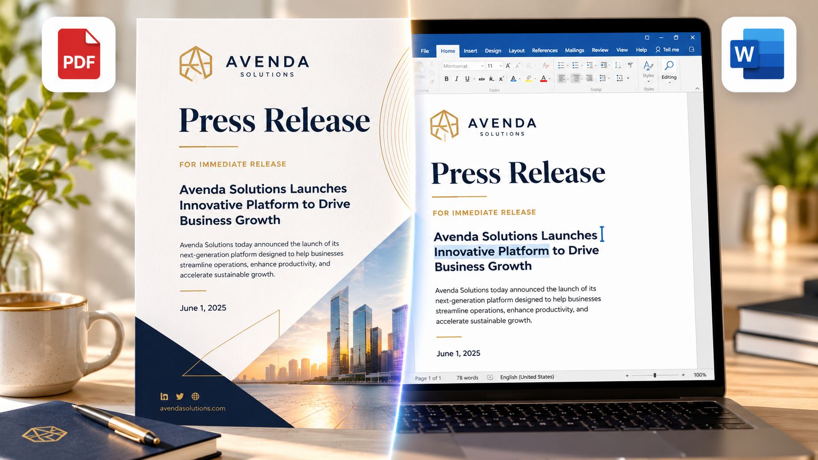 A split-screen view showing a professional press release document in both PDF and Word processing formats.