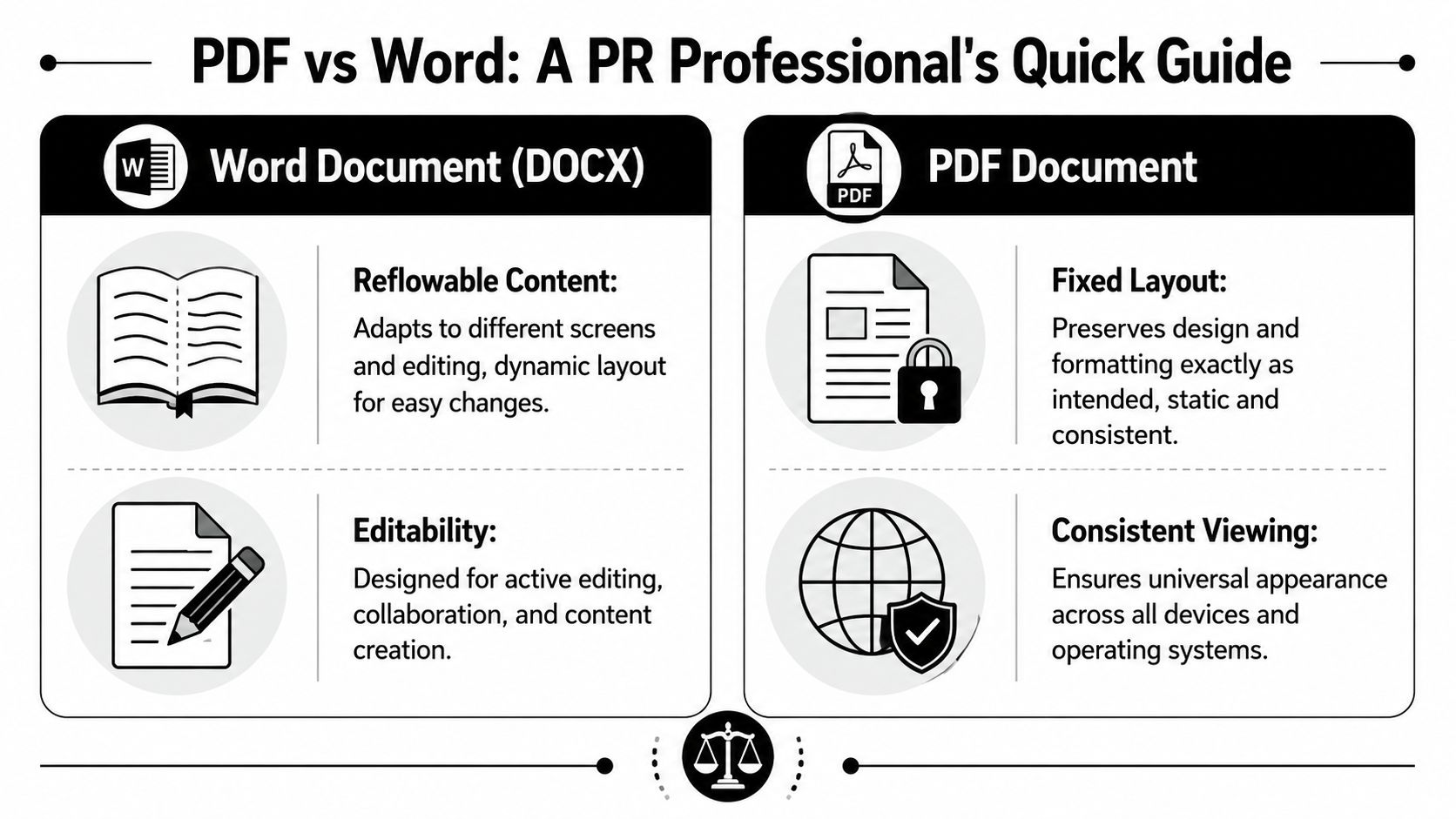 A comparison chart showing the key differences between Word documents and PDF files for professionals.
