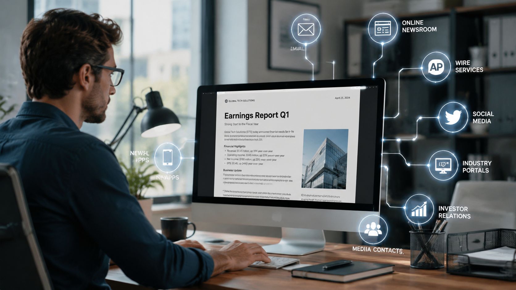 A professional working on a computer screen displaying an earnings report with digital marketing distribution icons.