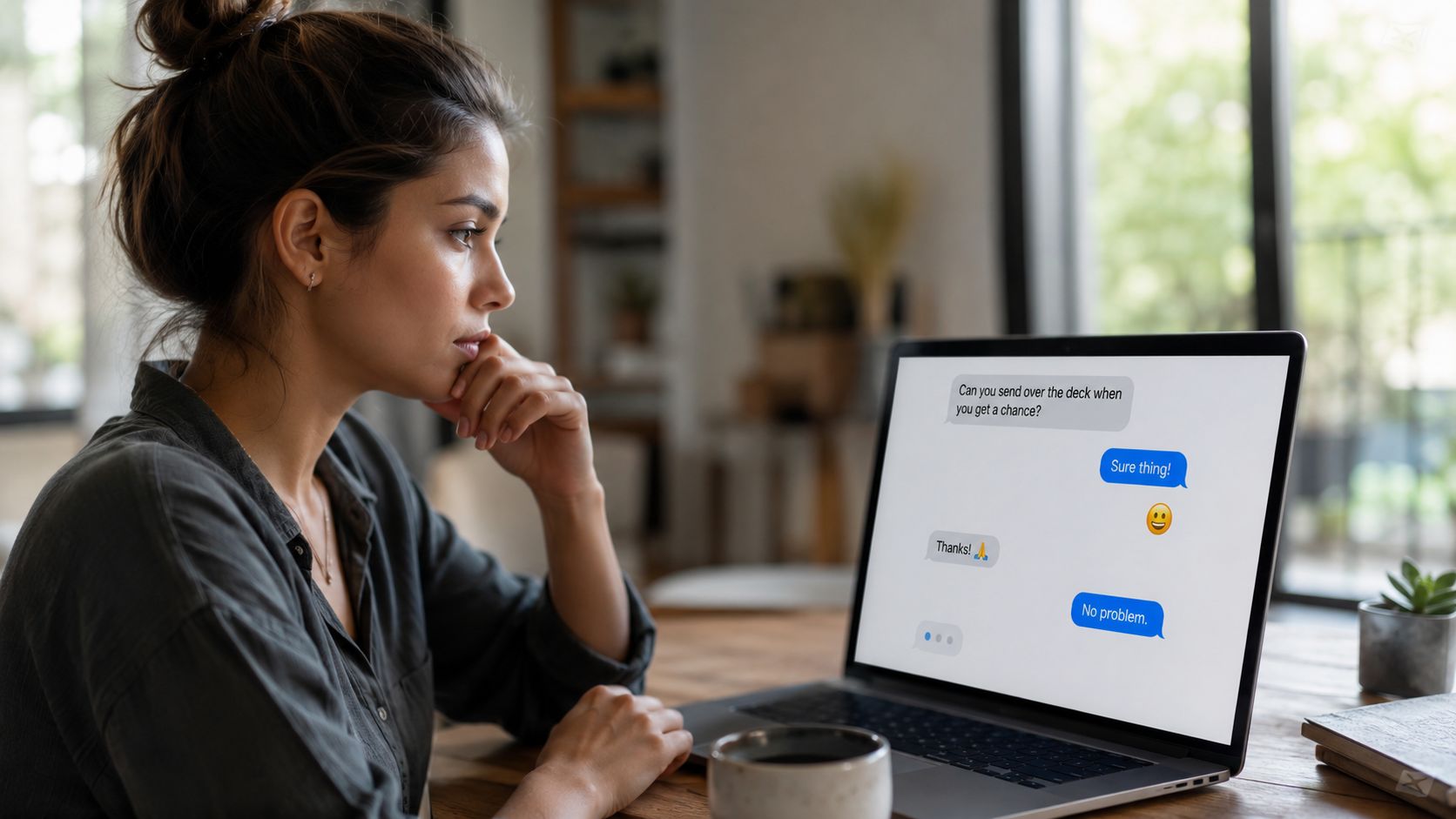 A young woman looking thoughtfully at a laptop screen displaying a professional messaging interface.