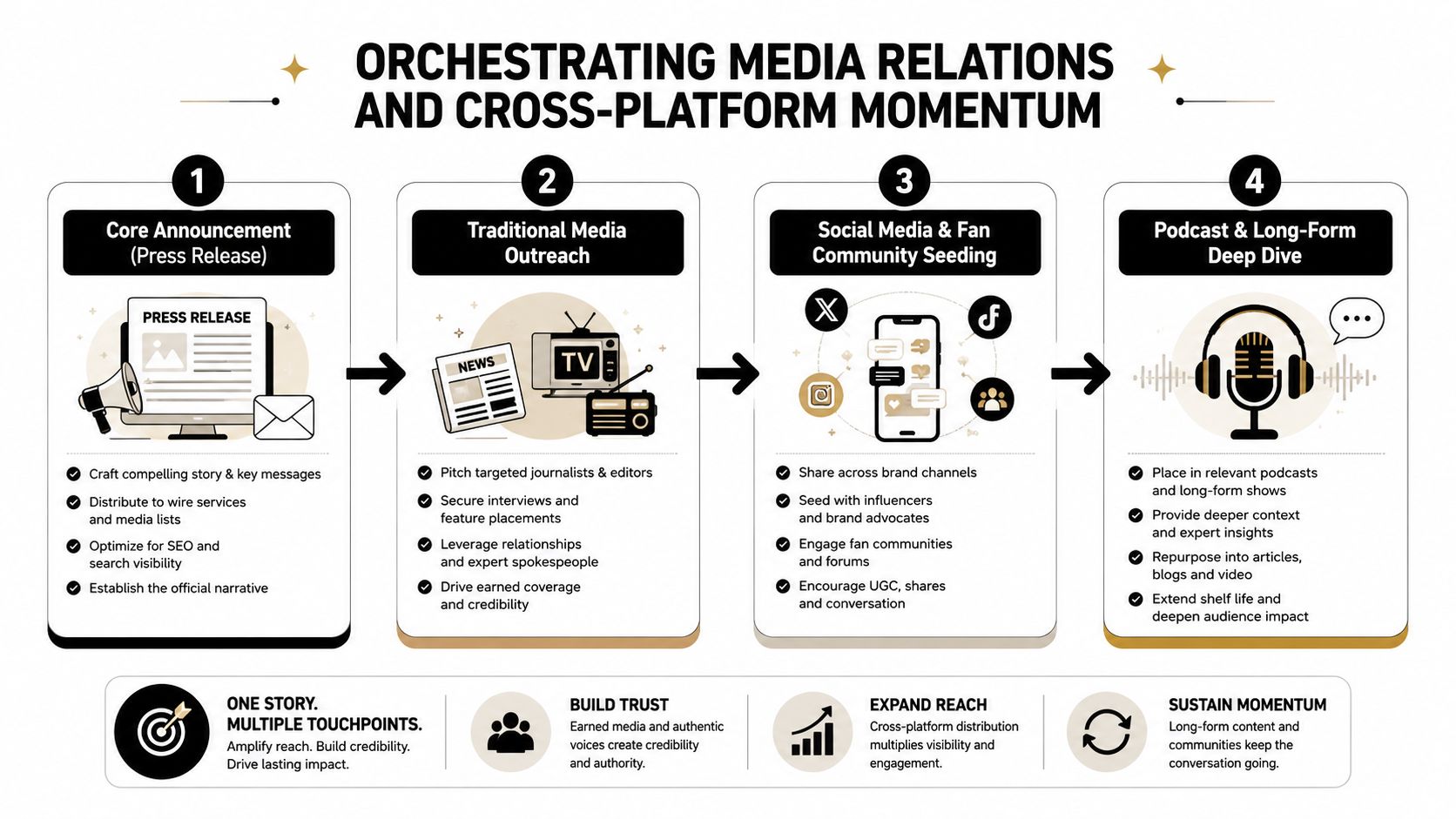 A four-step infographic illustrating a media relations strategy for orchestrating cross-platform momentum for campaigns and public announcements.