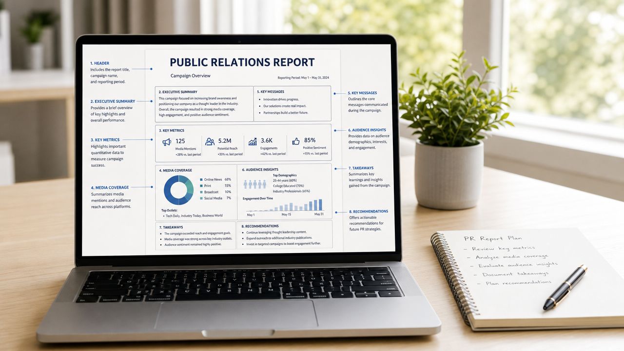 A modern laptop on a wooden desk displaying a professional public relations report template with metrics.
