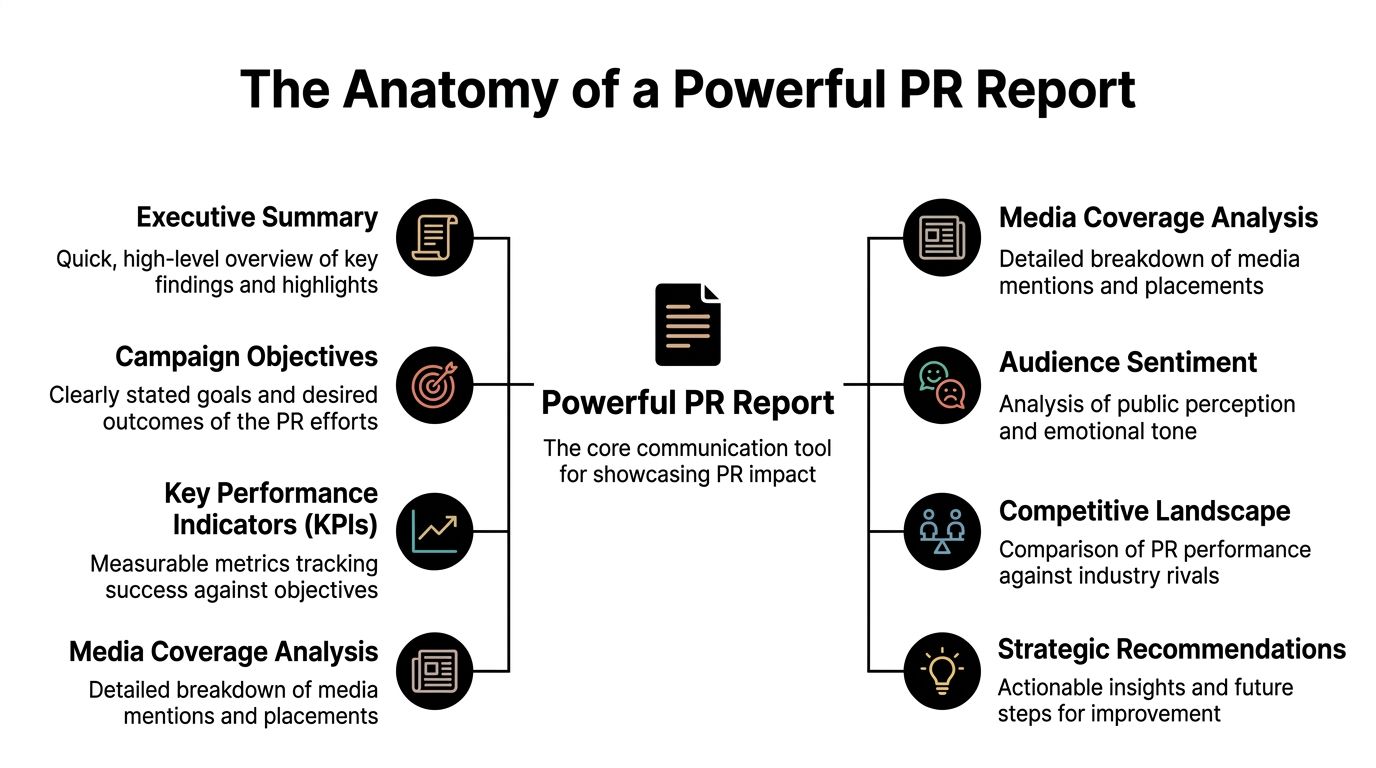 An infographic detailing the essential components that create an effective and professional public relations report.