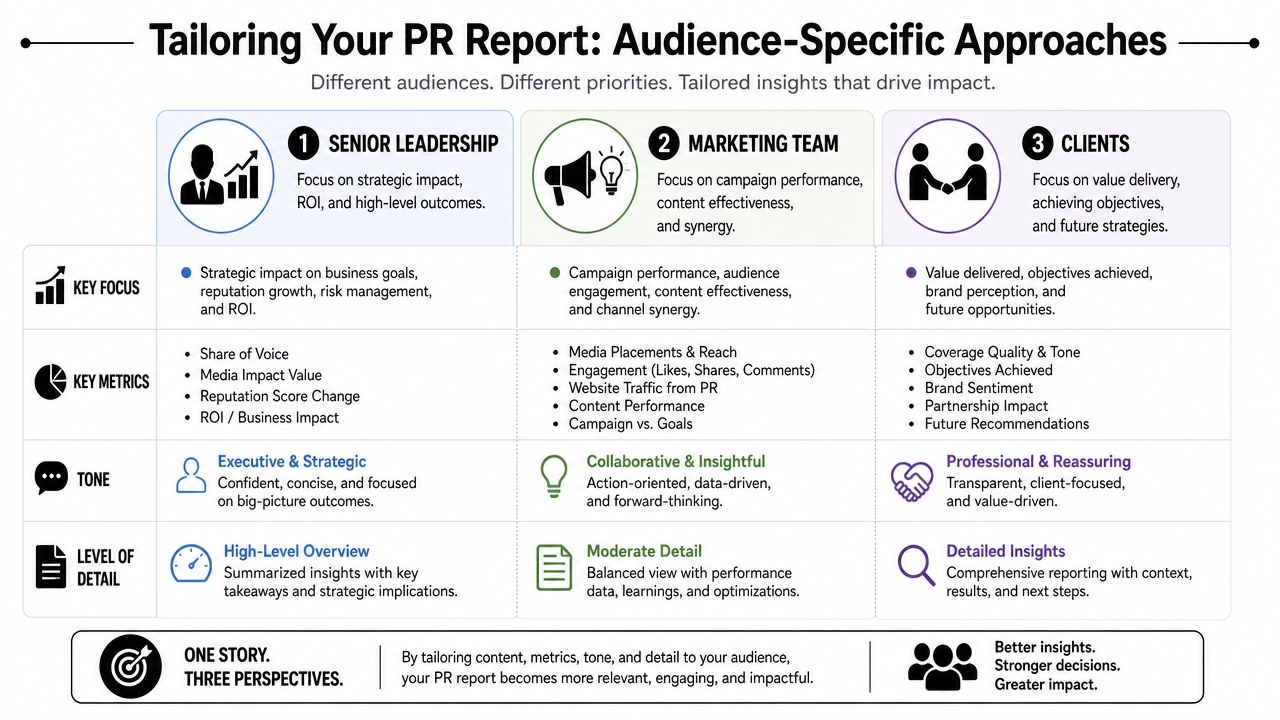 An infographic illustrating tailored public relations reporting strategies for senior leadership, marketing teams, and external clients.