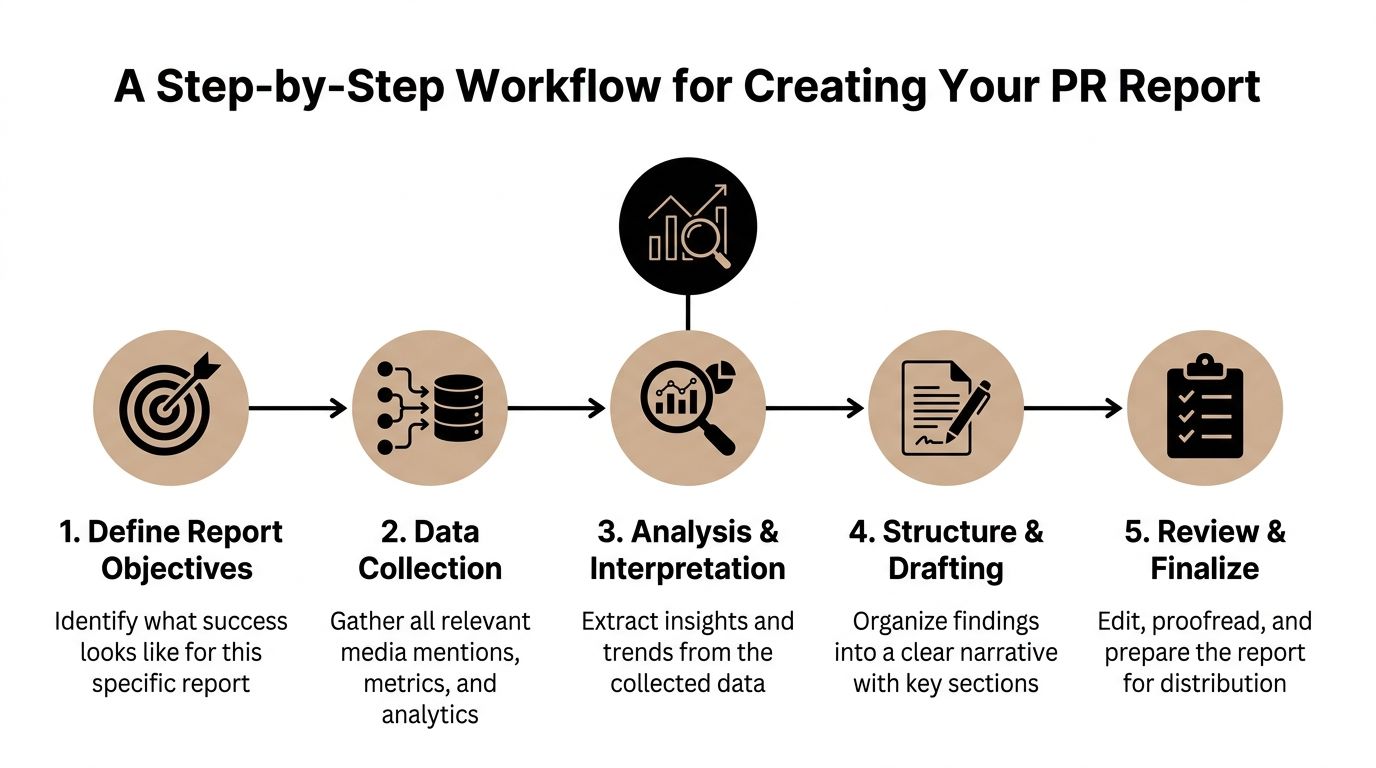 A five-step workflow diagram illustrating the process for creating a professional public relations report.