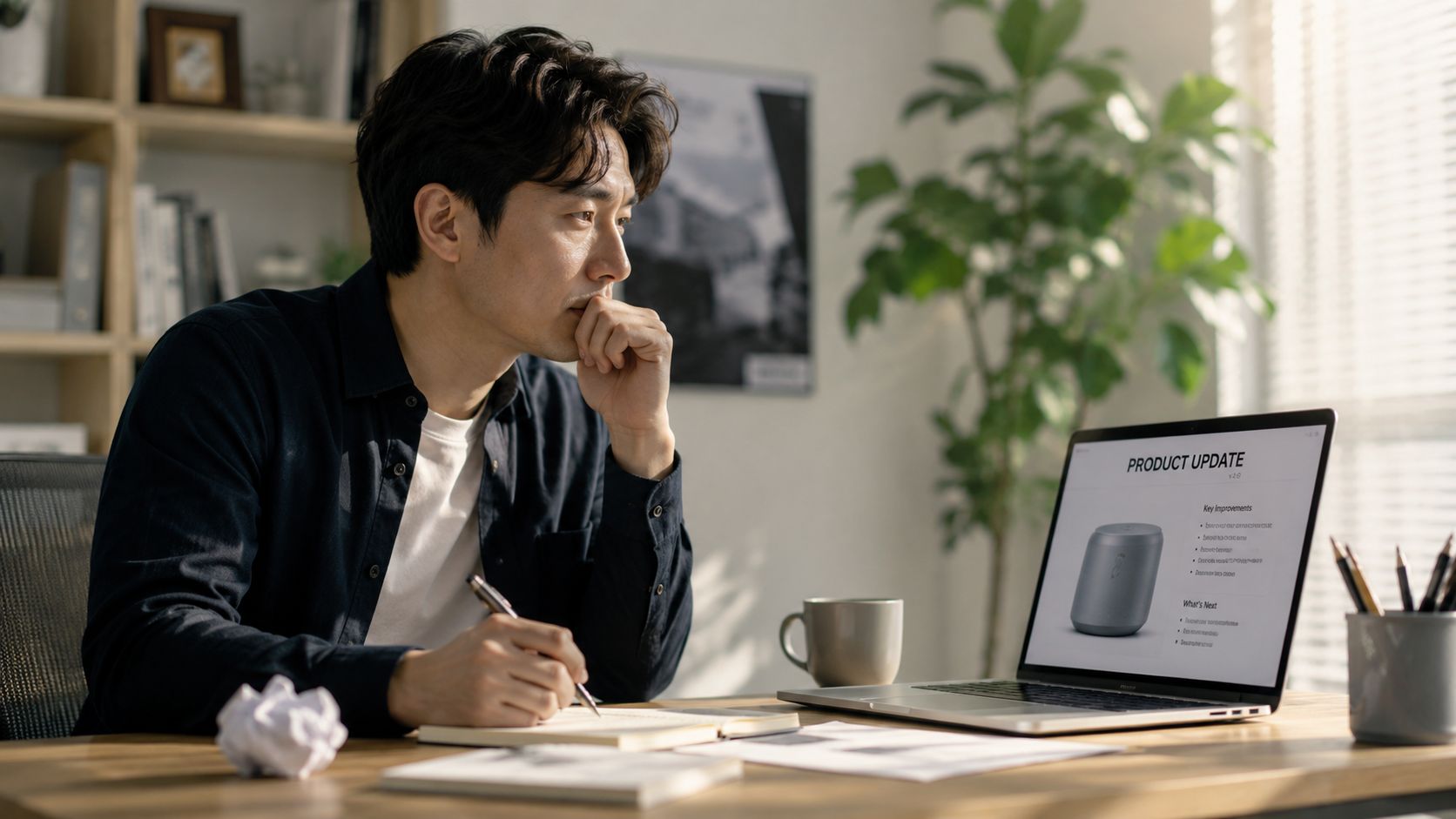 A focused man sitting at his desk, writing in a notebook while looking at a product update on his laptop.