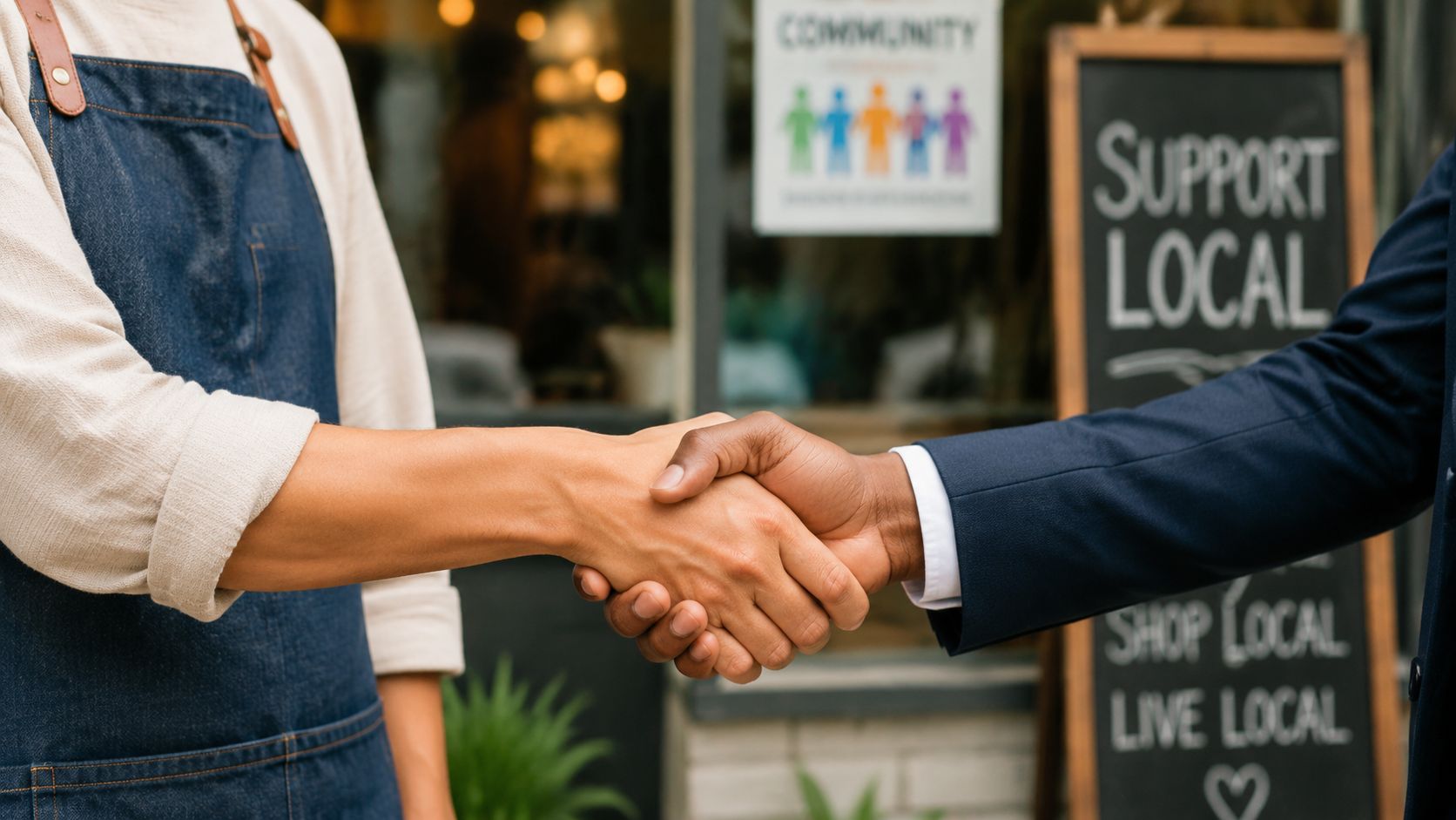 A person in an apron shaking hands with a professional in a suit outside a local business.