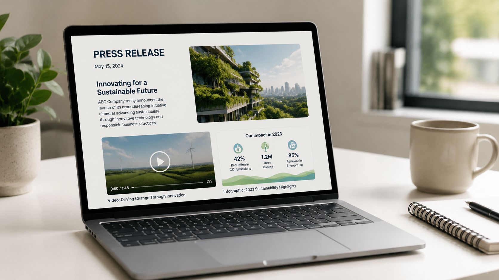 A modern laptop displaying an ABC Company press release about corporate sustainability and environmental innovation initiatives.