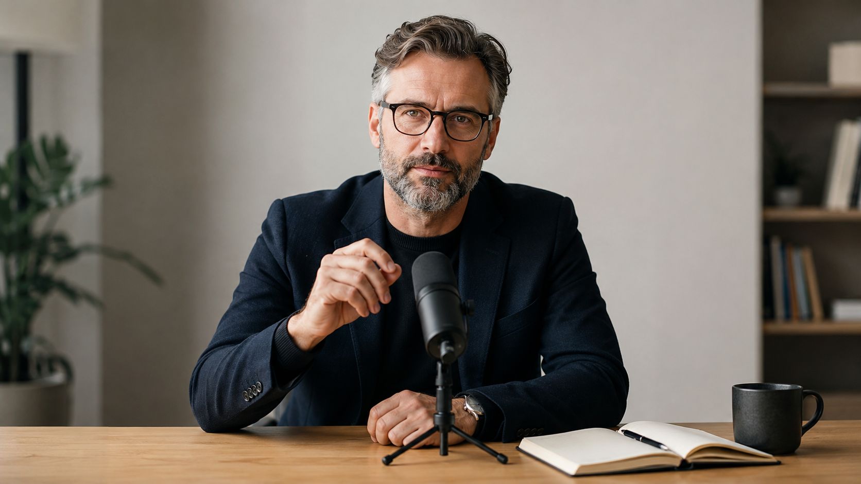 A professional man with glasses sitting at a desk and speaking into a microphone for a podcast.