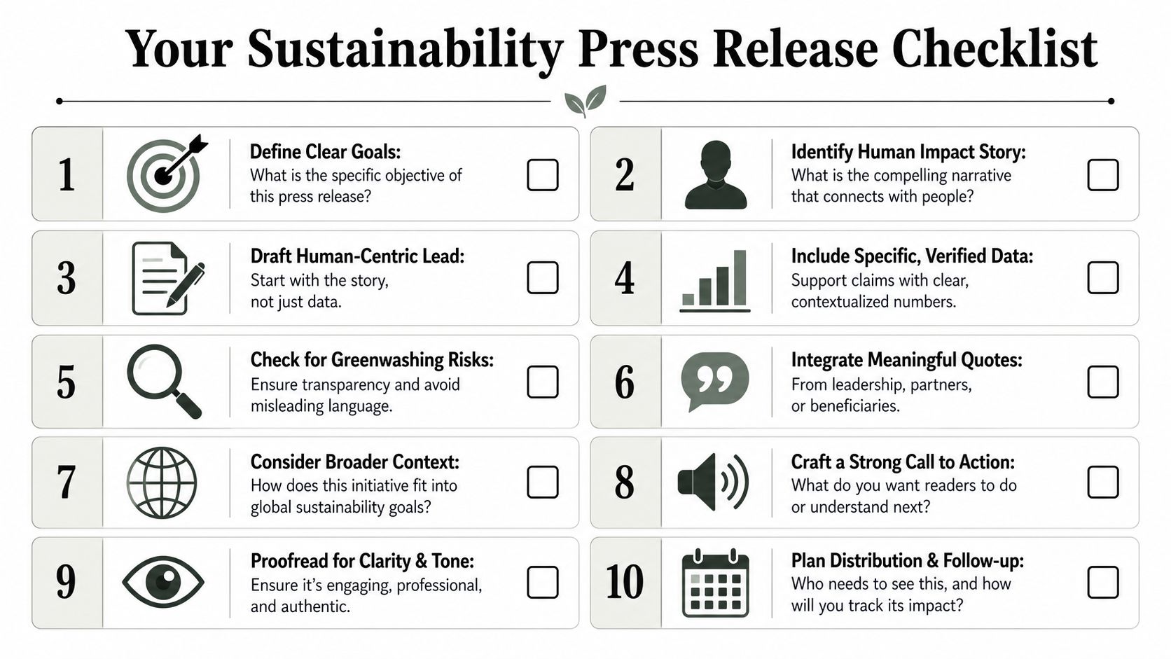 A ten-point sustainability press release checklist infographic with icons for planning and writing effective corporate communications.