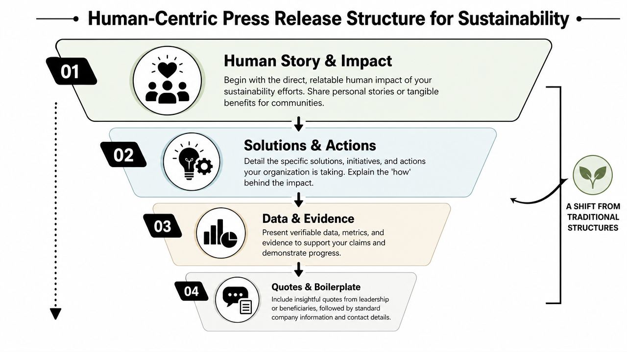 A diagram illustrating a four-step human-centric press release structure for communicating sustainability initiatives effectively.