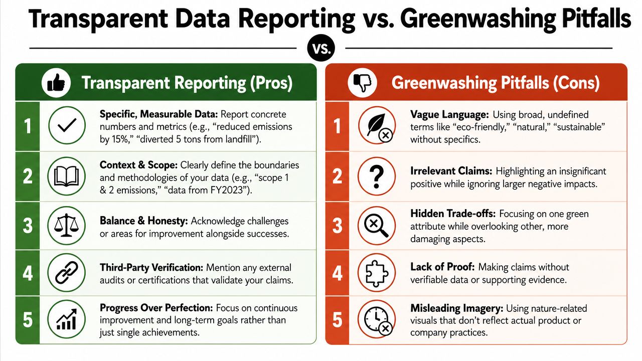 A comparison chart highlighting the differences between transparent sustainability reporting practices and common greenwashing pitfalls in business.