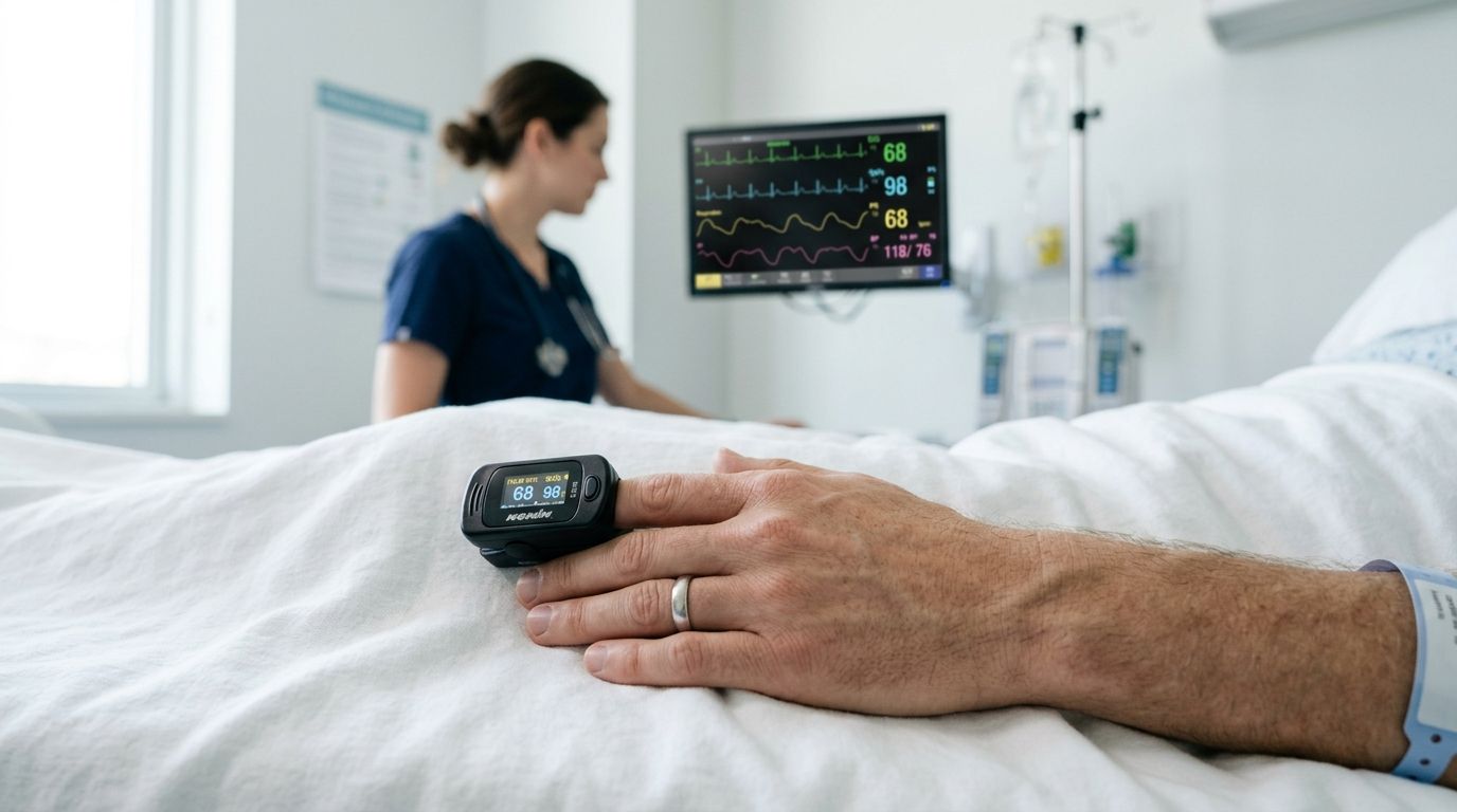 A patient's hand with a pulse oximeter on a finger, with a nurse and heart monitor in background.