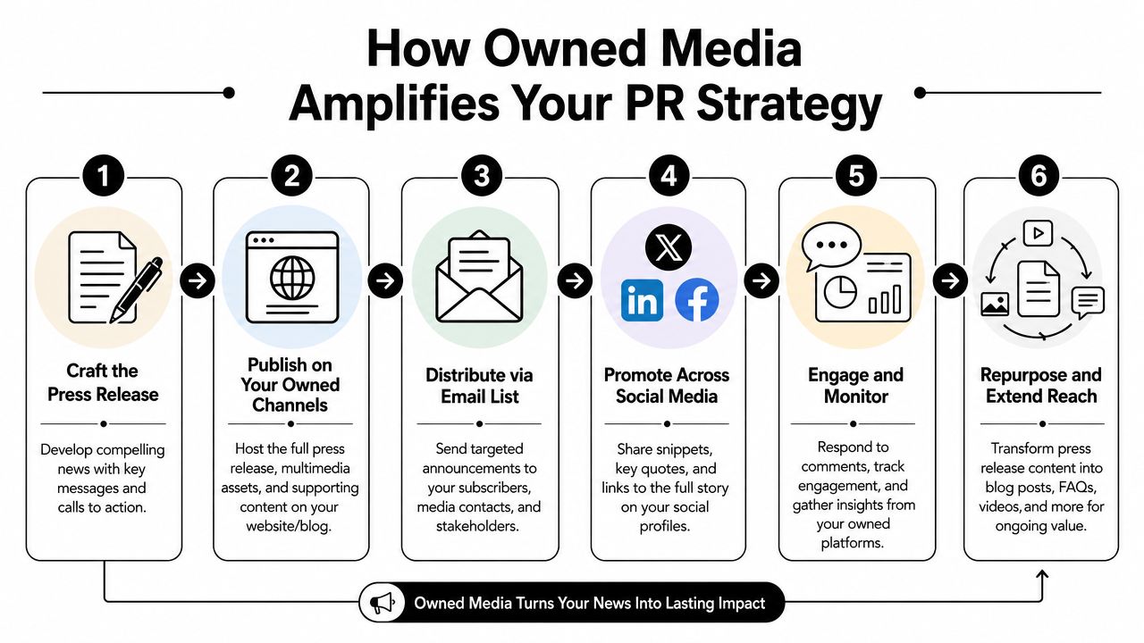 A six-step infographic explaining how owned media amplifies PR strategy, from press release creation to content repurposing.