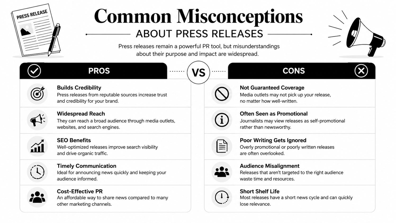 A comparative infographic highlighting the pros and cons of using press releases as a public relations tool.