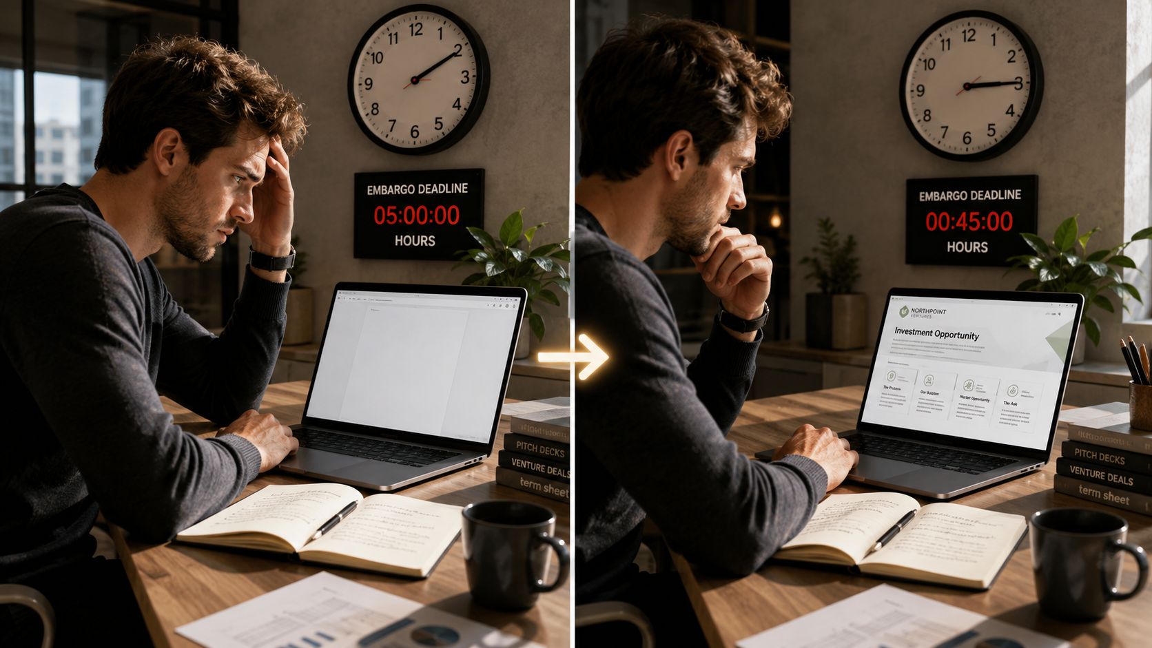 A split screen showing a person working under pressure before and after using professional investment templates.