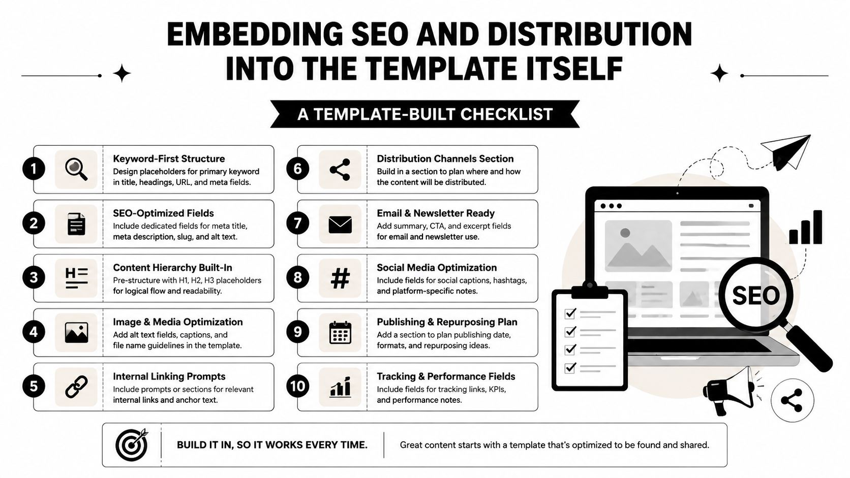 An infographic detailing a ten-step checklist for building SEO and distribution strategies into content templates.
