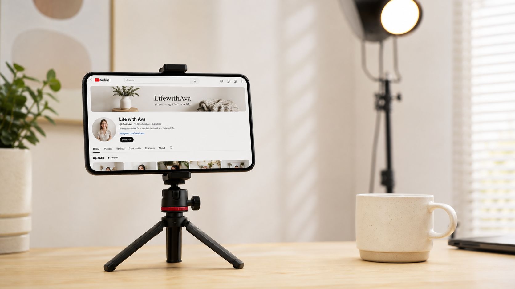 A smartphone on a tripod displaying the YouTube channel profile of Life with Ava on a desk.